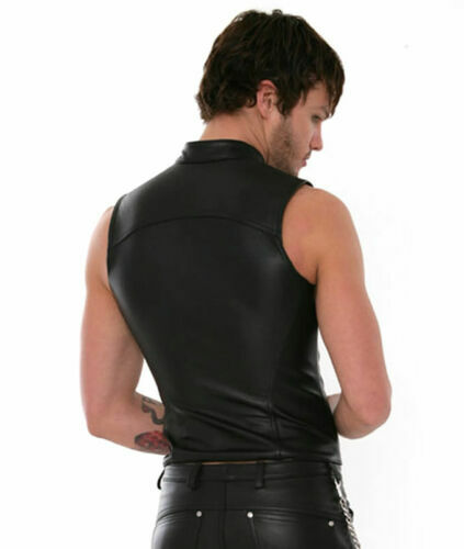 New Genuine leather VEST Front Zip Riveted Open Front Sleeveless Mens fitted Hot - Picture 3 of 4