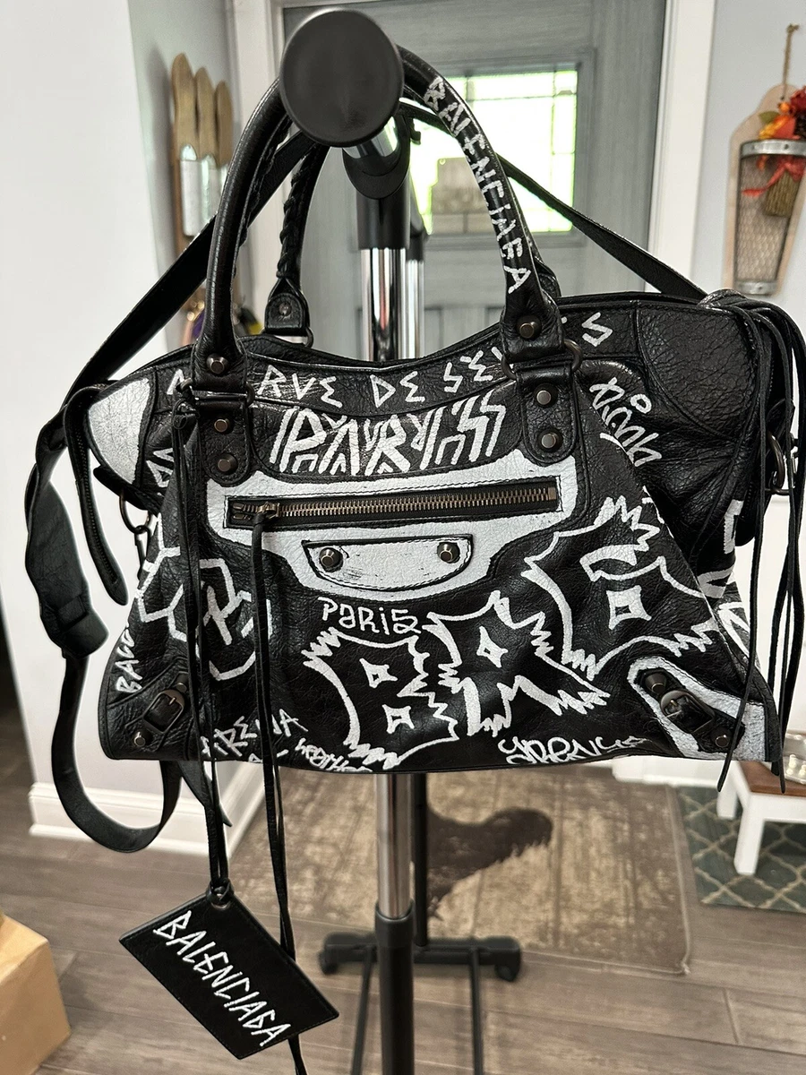 Balenciaga Black/White Lambskin Leather Graffiti Classic City Bag - Yoogi's  Closet