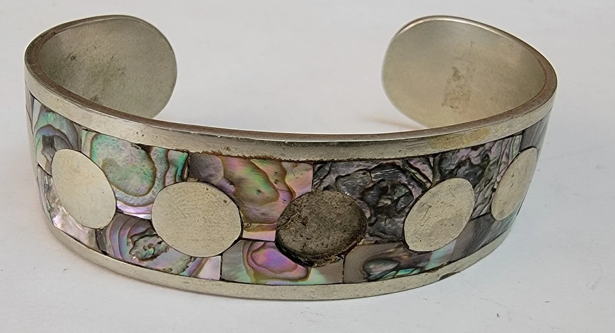 Vintage Hecho En Mexico Abalone Mother of Pearl Shell Inlay Cuff