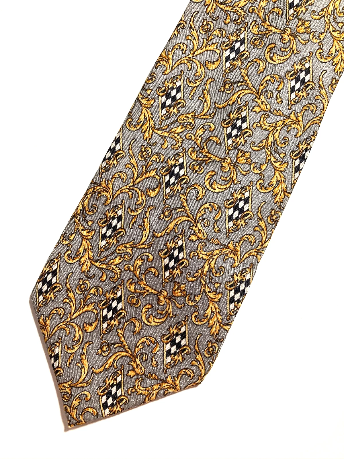 GIANNI VERSACE Vintage '90s Baroque Acanthus Tie Grids Art Nouveau Italy Gray - product detail image 10