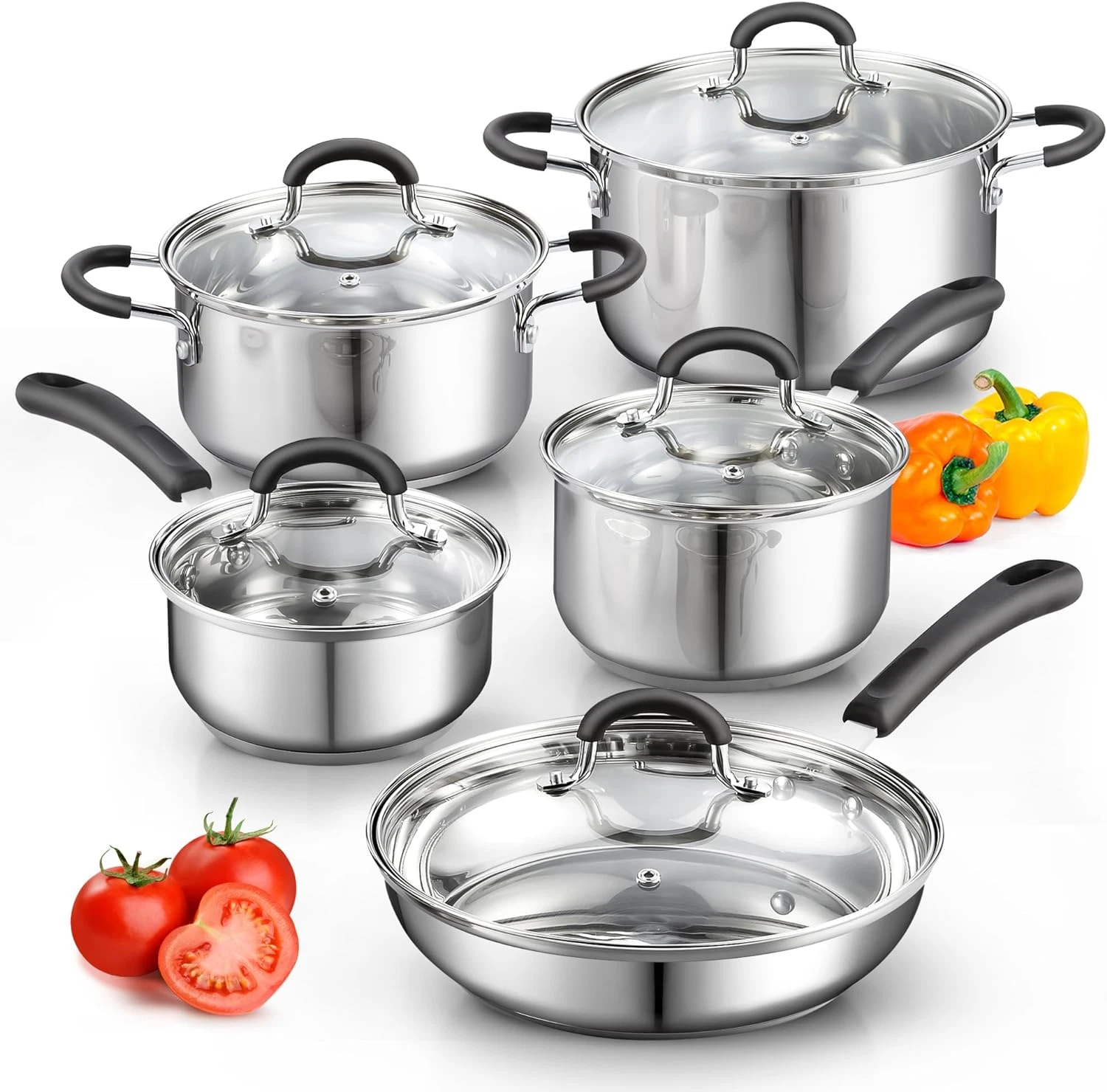 Stainless Steel Cookware Sets 10-Piece, Pots and Pans Kitchen Cooking Set with S