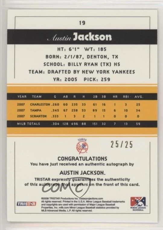 2008 TRISTAR PROjections 黄色反光 /25 奥斯汀杰克逊新秀签名 RC — 第 2/2 张图片