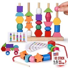 Montessori Bead Sequencing Toy Set, Wooden Stacking Blocks Lacing Beads