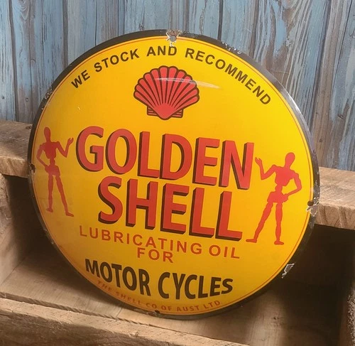 Vintage Golden Shell Lube Oil for Motorcycles Porcelain Metal Sign