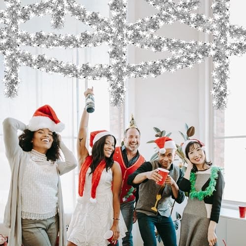 Snowflake Tinsel Garland, 33ft Silver Christmas Tree Tinsel Snowflake Garland, 