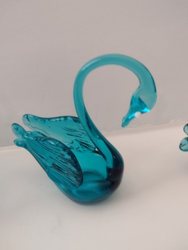 Set Of 3 Hand Blown Art Glass Swan Cobalt Blue Figurine White Eyes Bird - Bild 3 von 8