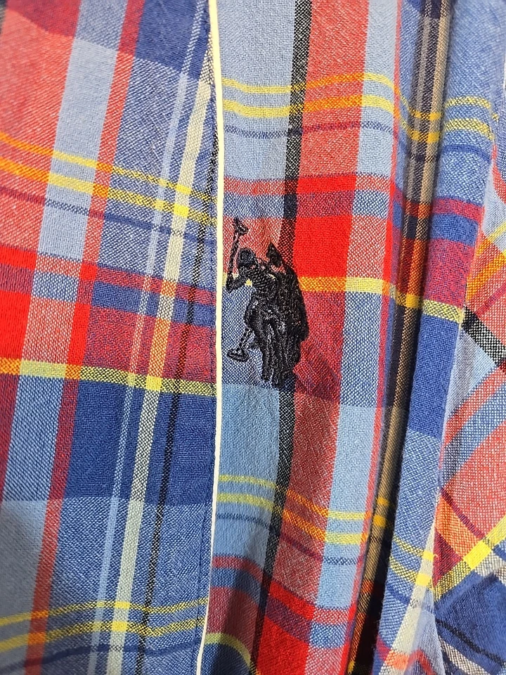 US Polo Assn Logo Robe Men Multicolor Plaid Red Blue 100% Cotton Pocket Size S/M - Image 3 of 4