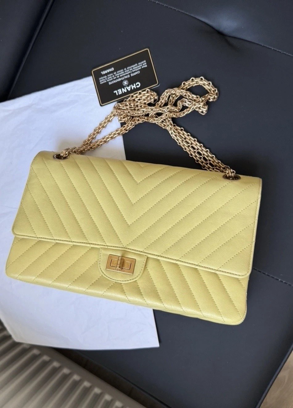 Chanel Reissue 2.55 Medium Yellow Caviar Leather Gold Hardware