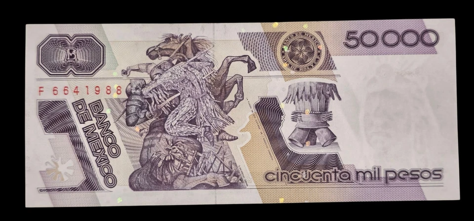 🇲🇽  1990 Mexico 50000 Pesos Banknote, Cuauhtémoc, Aztec Warrior, Serpent, Rare - Image 3 of 3