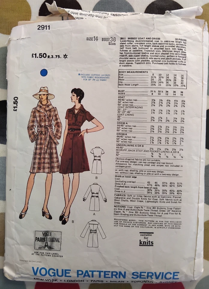 Vintage Vogue Christian Dior Paris Original Pattern 2911 Size 14 Coat & Dress - Image 2 of 4