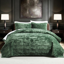Luxurious Velvet Queen Size Comforter Set,Emerald Green Wave Pattern