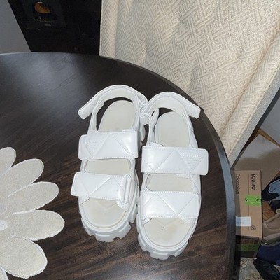PRADA White Quilted Logo Leather Strappy Hook & Loop Ankle Sandals Sz 9