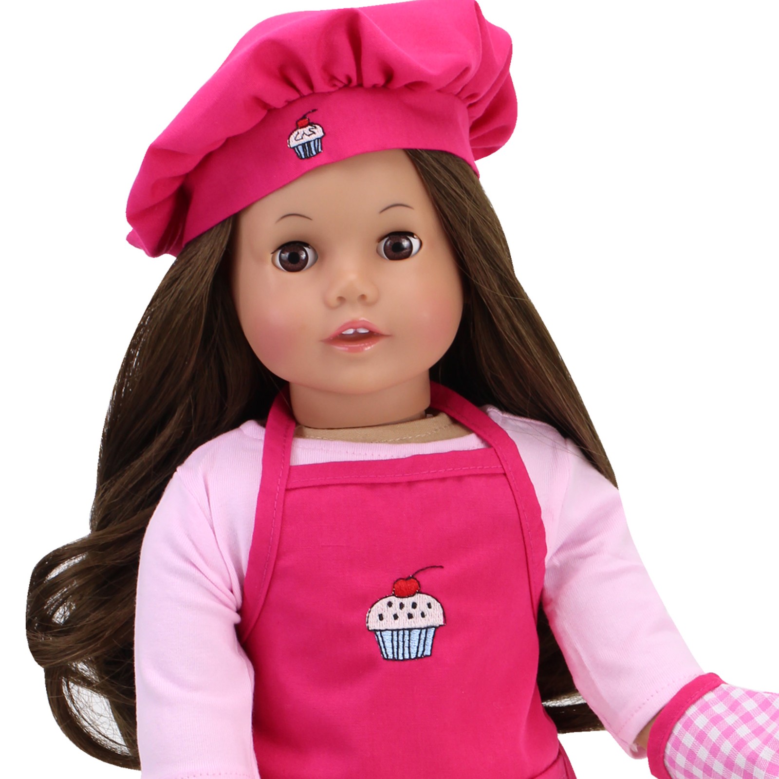 Sophia&rsquo;s Baking Apron, Hat, & Gingham Oven Mitts Set for 18&rdquo; Dolls, Hot Pink