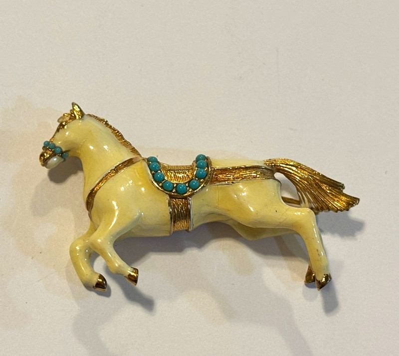 Vintage White Enamel Carousel Horse Brooch Gold Tone Turquoise Cabochon Pin