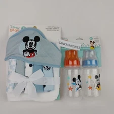 Disney Mickey Mouse Set of 6 Hooded Bath Towel Washcloth & 2 Baby Bottles Infant