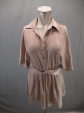 ZARA Size M Womens Beige Collared Ruched Waist Short Sleeve Shirt Romper 968