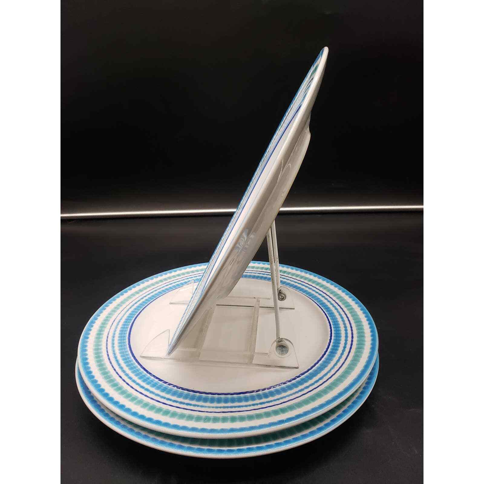 Set of 3 Crate & Barrel BLUE & AQUA Circumferential Bands Dinner Plate, Thailand