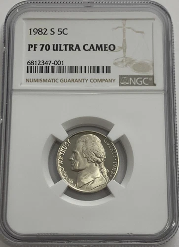 1982 S NGC PF70 ULTRA CAMEO CLAD PROOF JEFFERSON NICKEL 5C WHITE LABEL