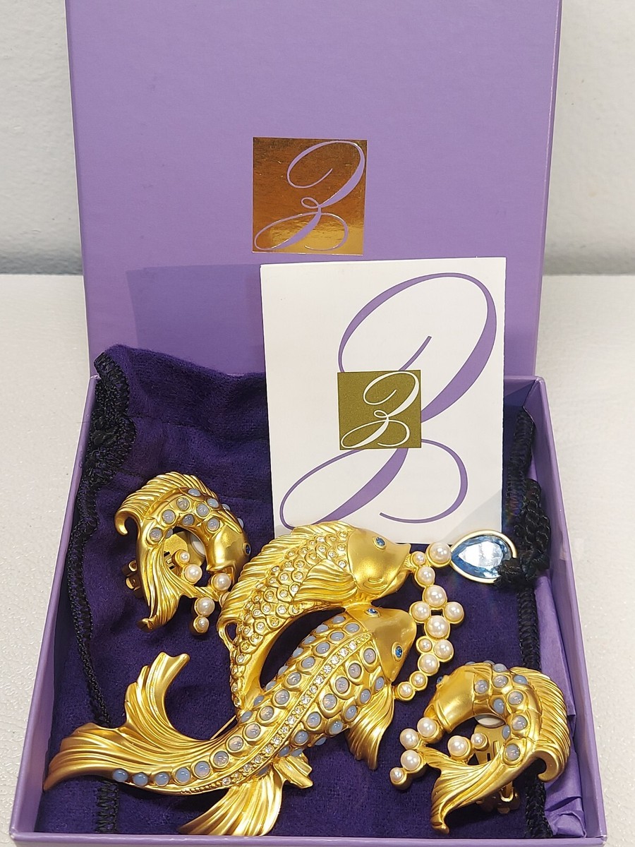 Elizabeth Taylor Avon Gold Koi Fish Brooch & Earrings Set, Faux