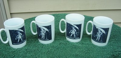 NEW - 4 MORTON SALT CERAMIC MUGS CUPS Japan  1914, 1921 WHEN IT RAINS IT POURS