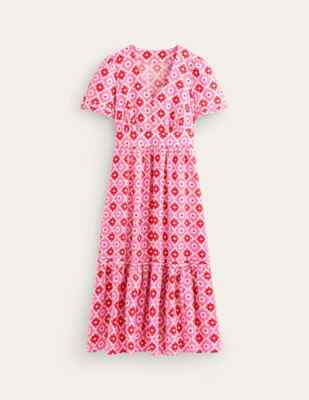 Brandneu mit Etikett Boden Eve Leinen Midikleid Gr. 10 lang, rosa geometrischer Stempel