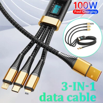 3-in-1 100W 5A Fast Charging USB To Type-C Micro Fast Charger Cable For iPhone - Image 1 of 4