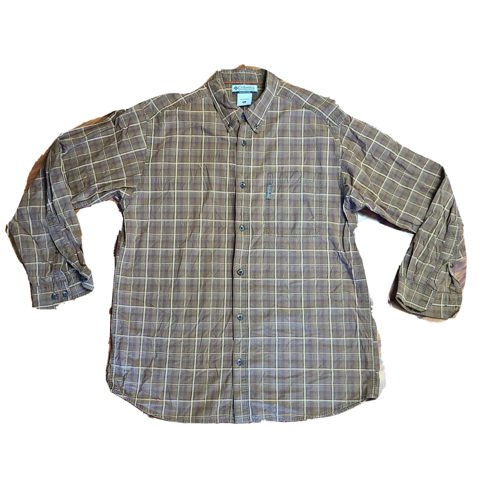 Columbia Shirt Mens Size L Large Brown Checks Long Sleeve Collared Button Down
