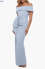 Xscape Women's Off-the-Shoulder Crepe Gown, Sky Blue Size 12