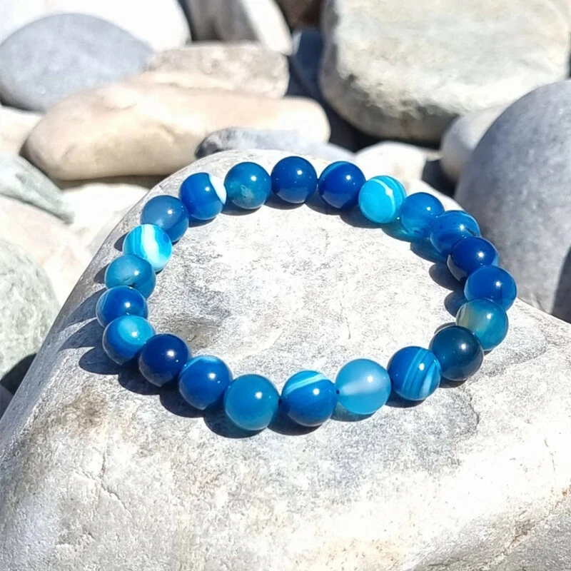 Natural Blue Agate Stone Bracelets Blue Chakra Gem Healing Men