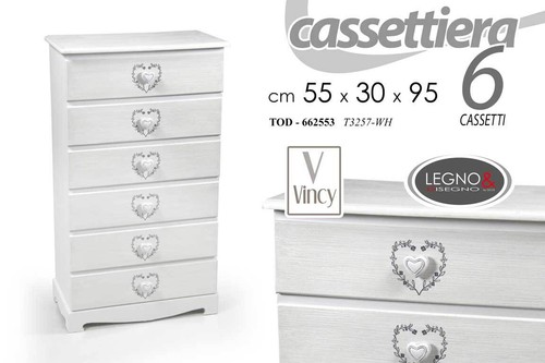 CASSETTIERA SETTIMINO 6 CASSETTI h95*55*30cm LEGNO BIANCO SHABBY CHIC CUORE - Foto 7 di 8