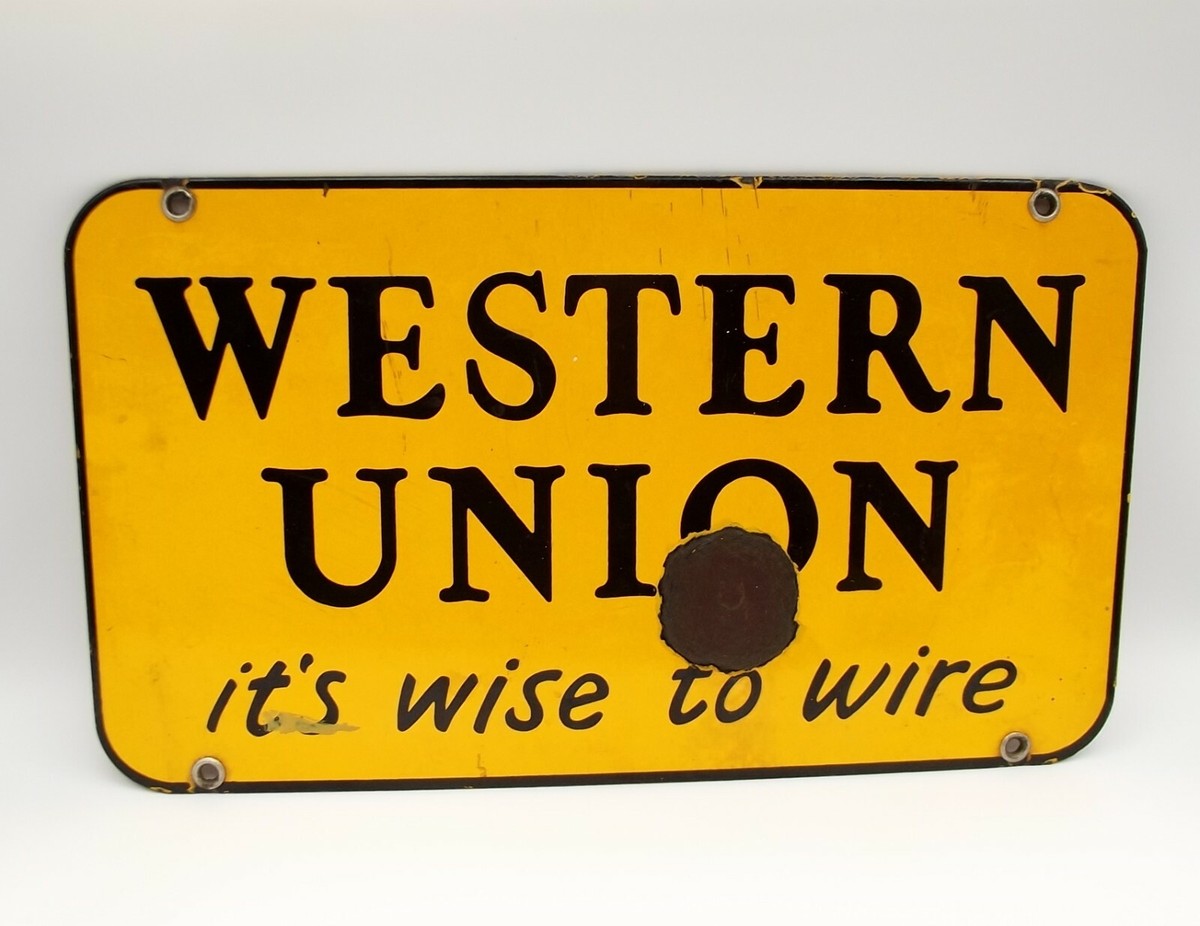 Vtg Western Union Original Porcelain Sign Wise to Wire Double Sided 9.5