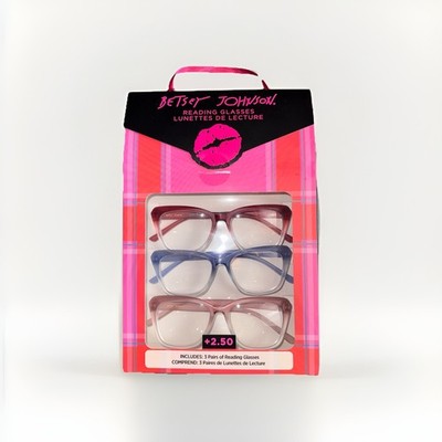 BETSEY JOHNSON 3 Pair Reading Glasses PINK/RED/BLUE Readers NEW Multicolor +2.50