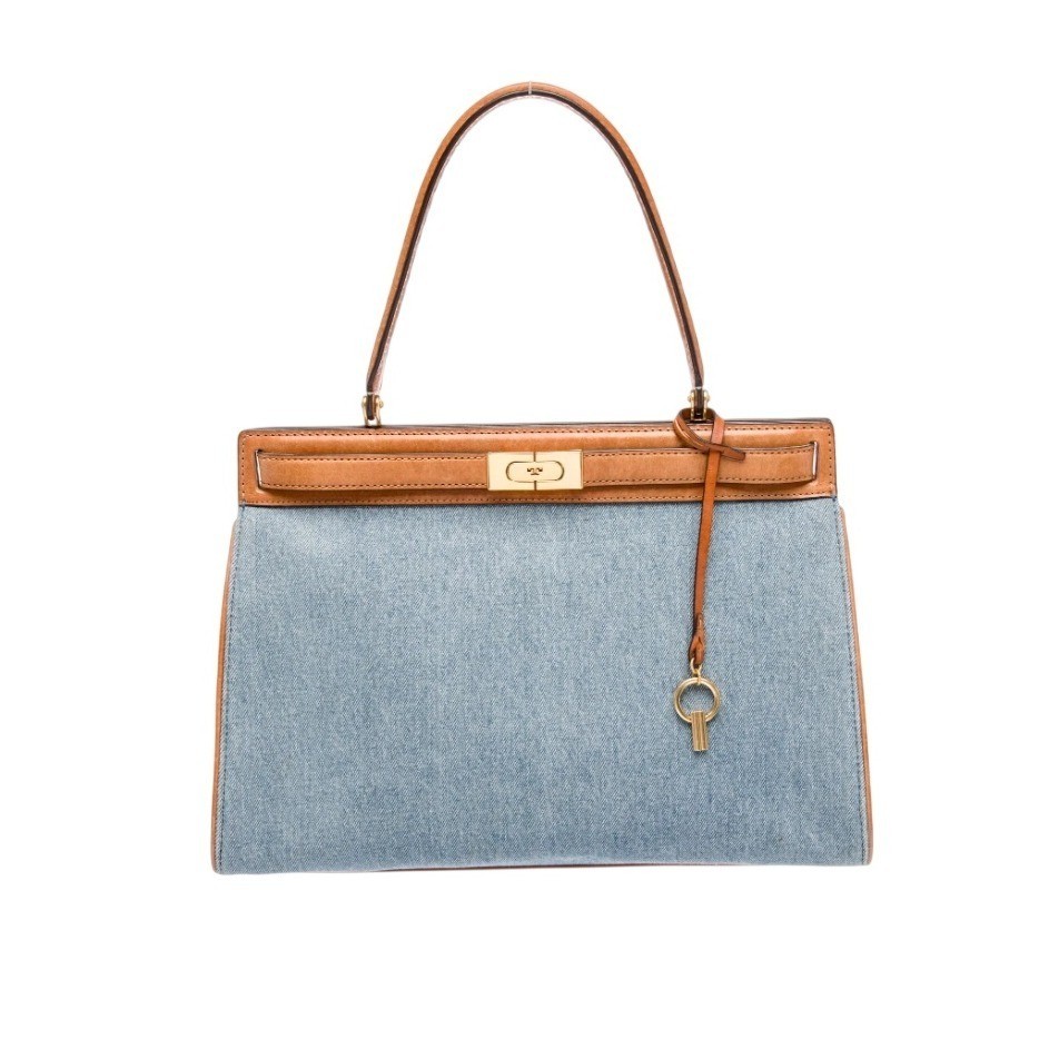 Tory Burch Lee Radziwill Denim Tan Leather Top Handle Bag