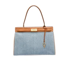 Tory Burch Lee Radziwill Denim Tan Leather Top Handle Bag