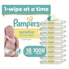 Pampers Sensitive Baby Wipes, Unscented, 56 Count Pack of 18 , White