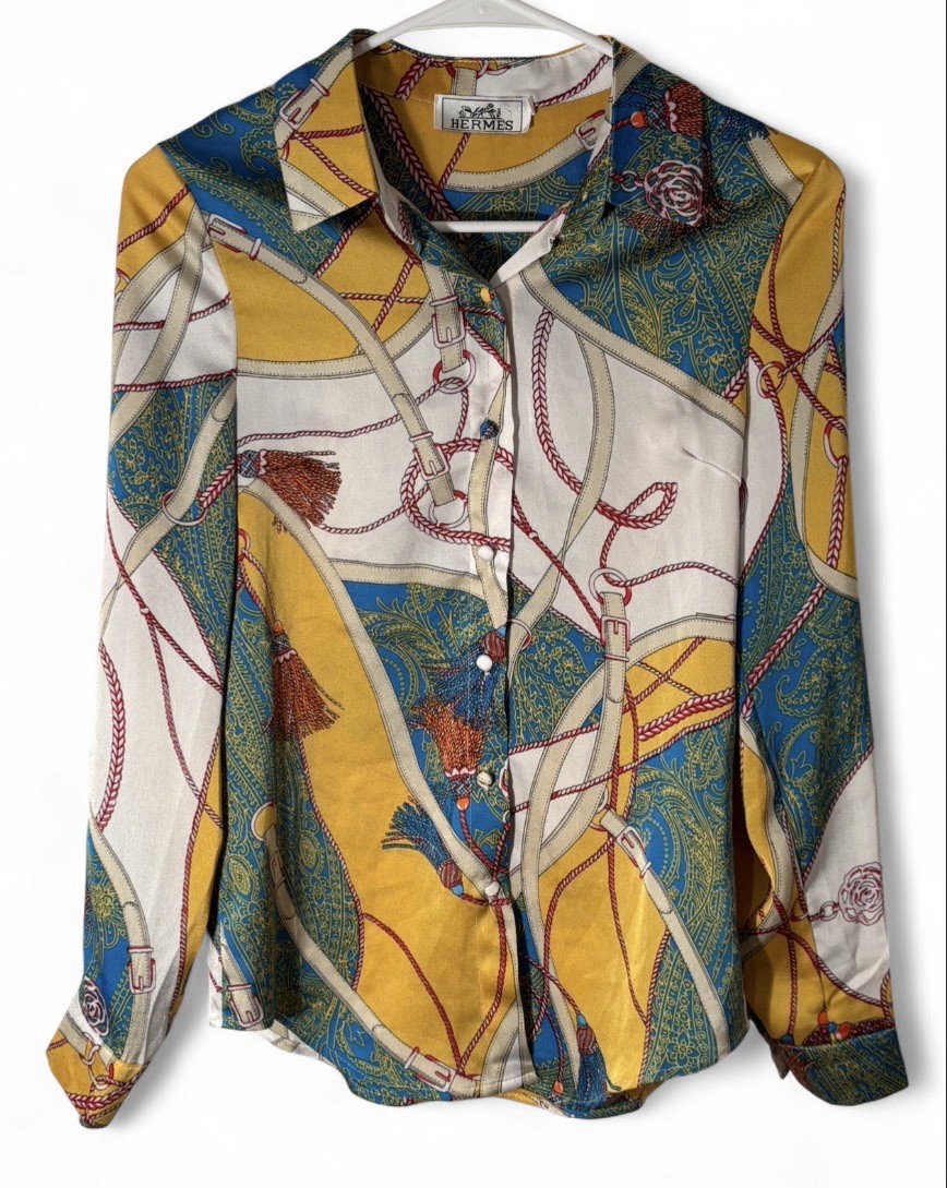 Hermès Silk Multicolor Button-Down Collared Blous… - image 1