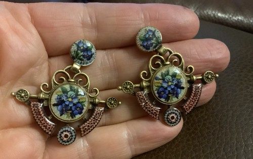 Museum Flower Palace Antique Earrings Bouquet Court Gold Art CZ VTG Glazed Star - Picture 4 of 5