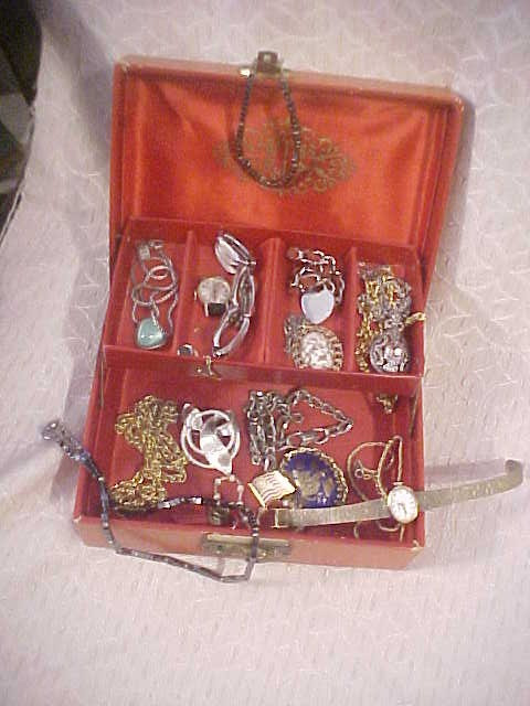 Vintage Pink Jewelry Box with Gold Trim and Fashion Jewelry