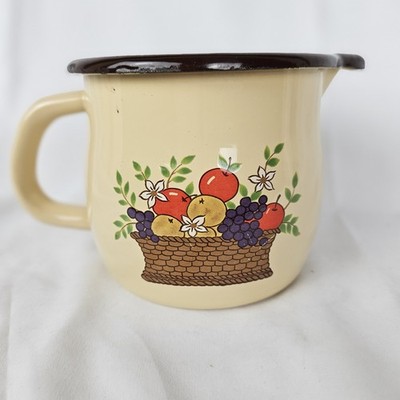 Vintage 1986 F.T.D Enamelware Pitcher Vase w/ Handle Fruit Basket Design Handle