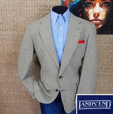 LAND  S END Men  s 46 L TWEED Sport Coat Olive  Cream Houndstooth Leather Buttons