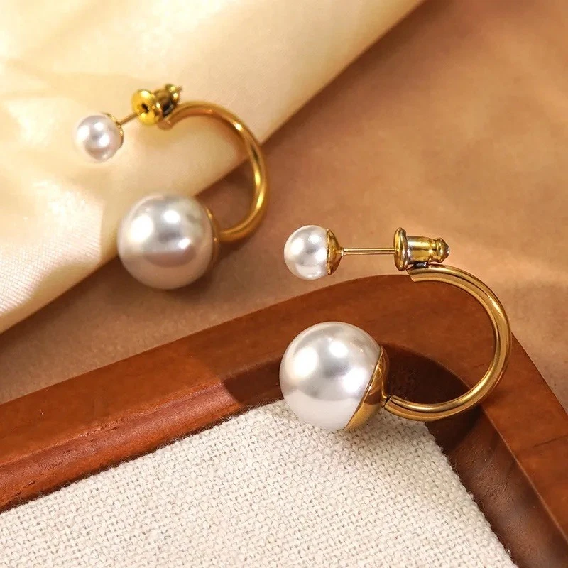 Anthropologie Pearl Crystal Hoop Earrings Gold Stud CZ Boho Cuff Back Front - Image 2 of 4