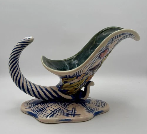 Vintage Hull Pottery Cornucopia Blossom Flite Vase Blue/Green Glaze USA 1955