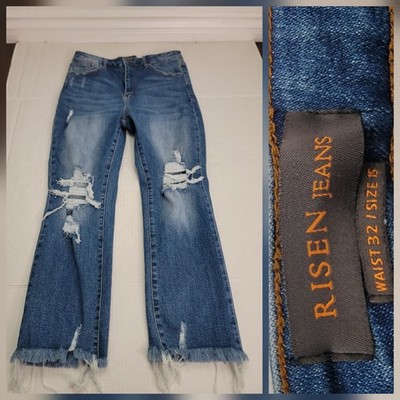 RISEN  Rudy  High Rise Straight Distressed Jeans SZ 32 Raw Fray Hem Stretch