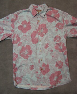 Cooke Street Hawaiian Aloha Shirt Red Trace Hibiscus over Light Blue Cotton M