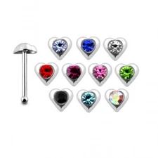 1x 22g Sterling Silver CZ Gem Heart Nose Ring Stud Straight L-Shape Tiny N001