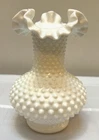 Vintage 7.5" Fenton White Milk Glass Hobnail Ruffled Crimped Edge Vase
