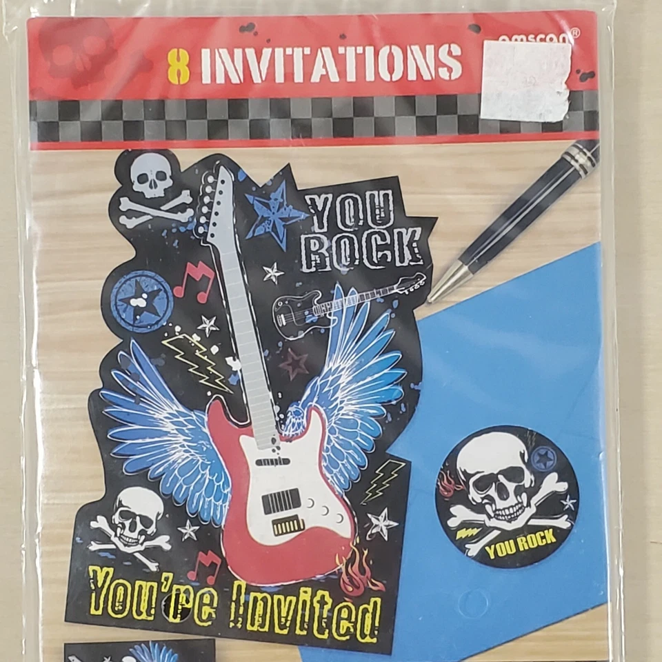 You Rock You’re Invited Invitation Cards Envelops 8 Count Guitar Skull Bones - Image 2 of 4
