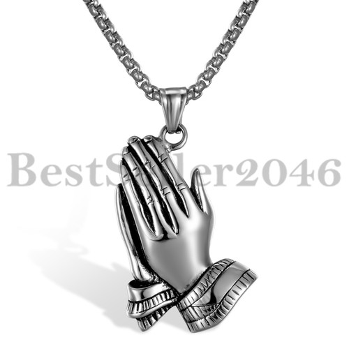 Men Women Praying Hands Pendant Necklace Stainless Steel Chain for Christian 22" - Picture 7 of 15