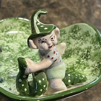 Vintage MCM Pixie, Elf Riding Caterpillar, Inchworm Trinket Lily Pad Signed 1958