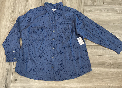 Croft & Barrow Plus Size Button Down Long Sleeve Top Denim Blue w/ Small Flowers